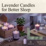 Lavender candles for sleep — premium lavender aromatherapy candle glowing softly on a bedside table beside dried lavender sprigs, a closed book and glass of water in a calm bedroom setting by Welburn Candles