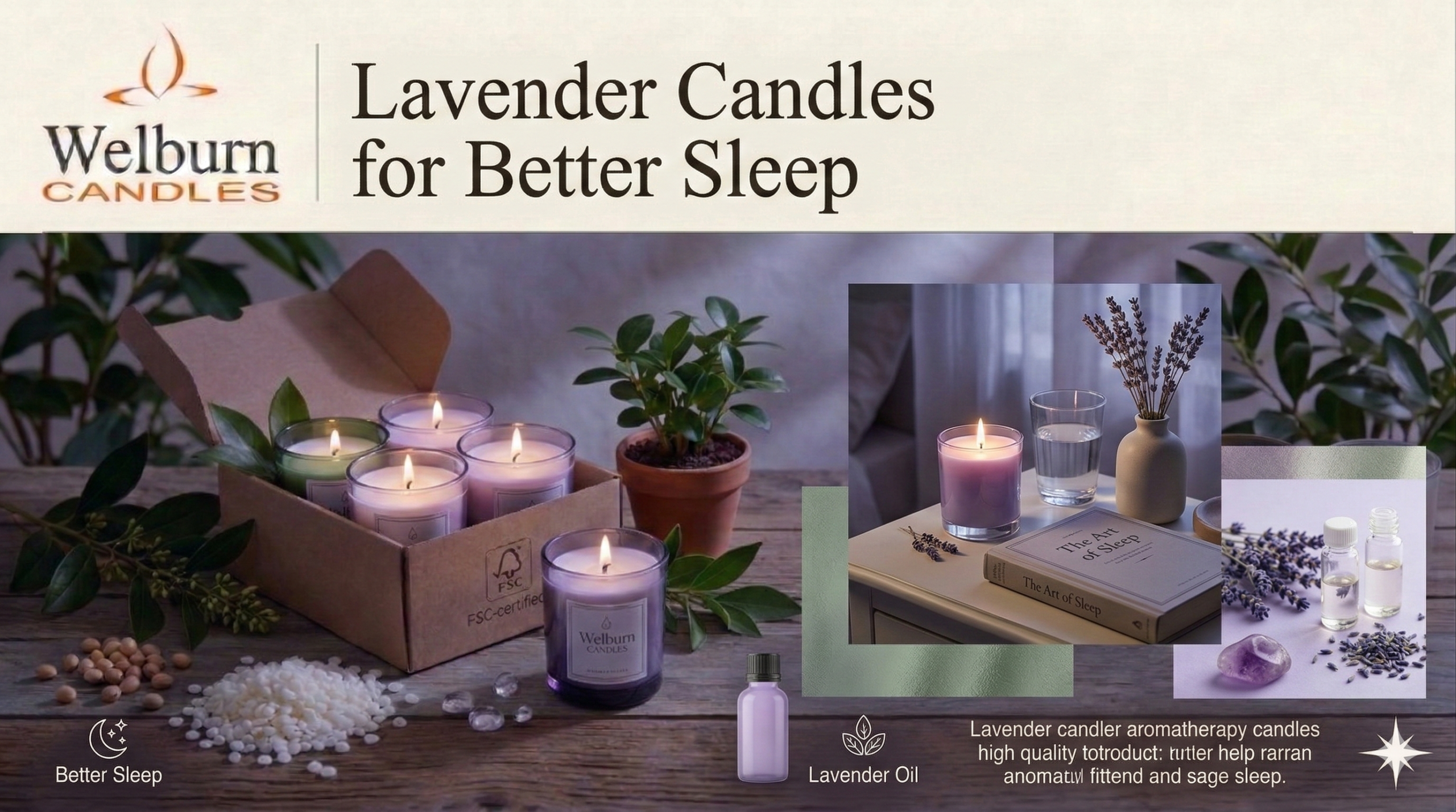 Lavender candles for sleep — premium lavender aromatherapy candle glowing softly on a bedside table beside dried lavender sprigs, a closed book and glass of water in a calm bedroom setting by Welburn Candles