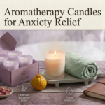 Aromatherapy candles for anxiety — soothing stress relief scene with a burning bergamot and lavender aromatherapy candle beside dried rose petals, a journal and fresh citrus on a bathroom shelf by Welburn Candles