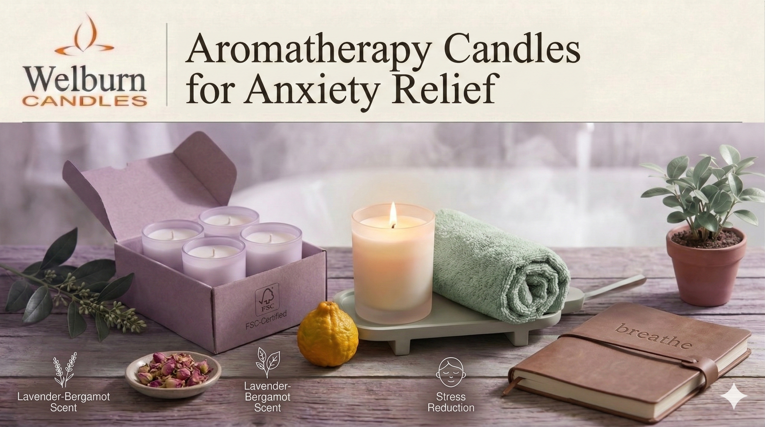 Aromatherapy candles for anxiety — soothing stress relief scene with a burning bergamot and lavender aromatherapy candle beside dried rose petals, a journal and fresh citrus on a bathroom shelf by Welburn Candles
