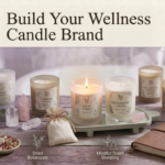 Aromatherapy candle brand wellness — curated display of five complementary aromatherapy candles in natural glass vessels with botanical label designs on a light wood wellness boutique shelf by Welburn Candles