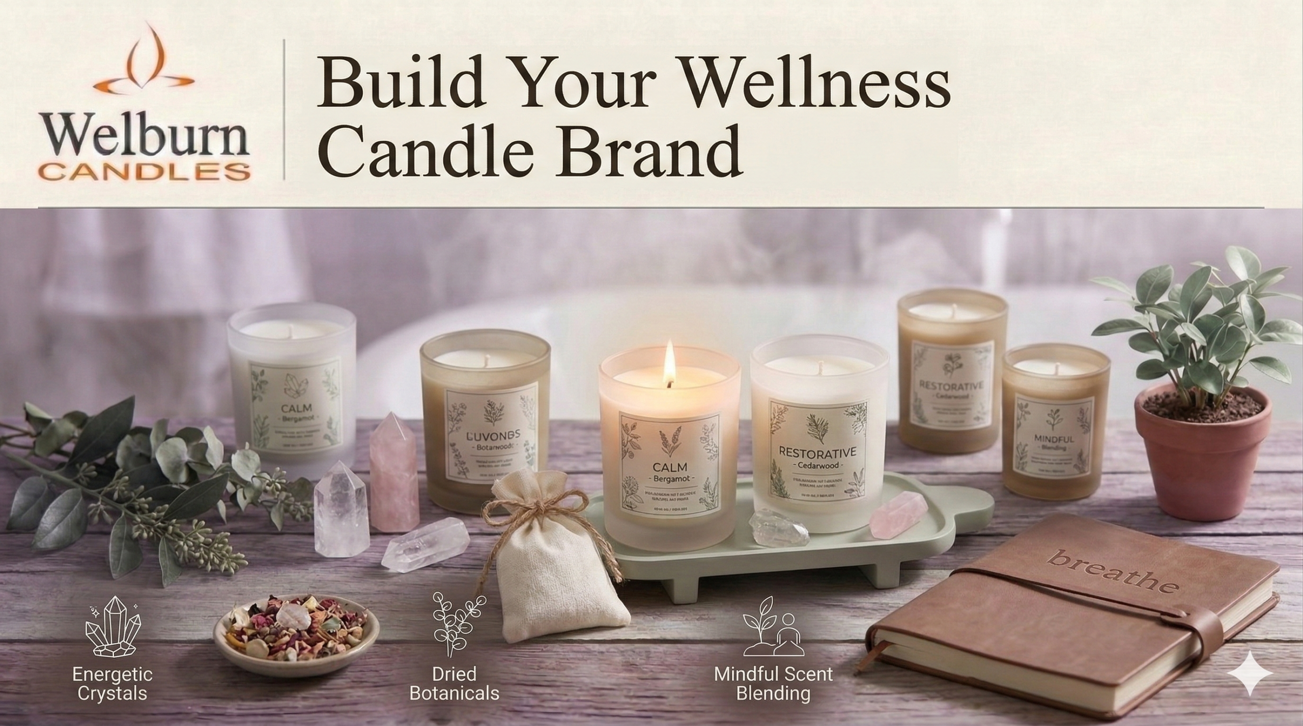 Aromatherapy candle brand wellness — curated display of five complementary aromatherapy candles in natural glass vessels with botanical label designs on a light wood wellness boutique shelf by Welburn Candles