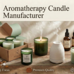 Aromatherapy candle manufacturer — premium essential oil aromatherapy candles burning beside a yoga mat, dried lavender, amber essential oil bottles and crystals at Welburn Candles wellness manufacturing facility