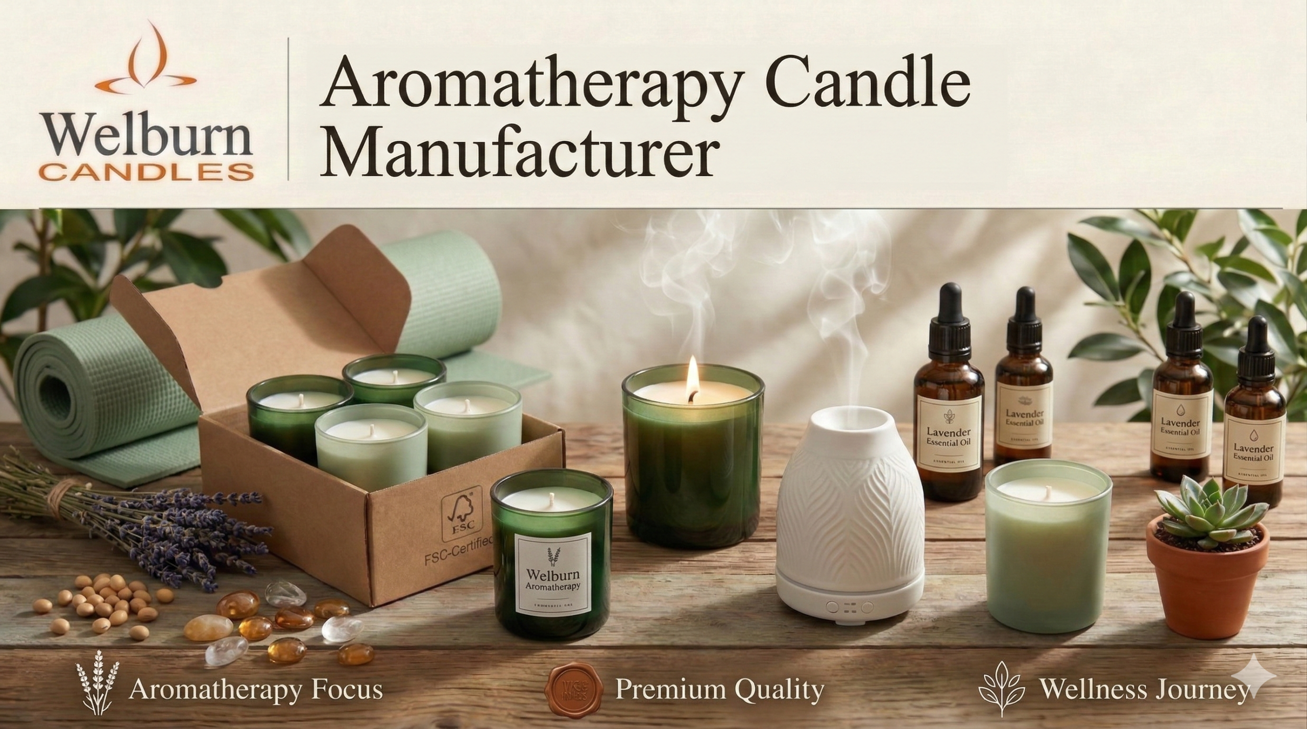 Aromatherapy candle manufacturer — premium essential oil aromatherapy candles burning beside a yoga mat, dried lavender, amber essential oil bottles and crystals at Welburn Candles wellness manufacturing facility