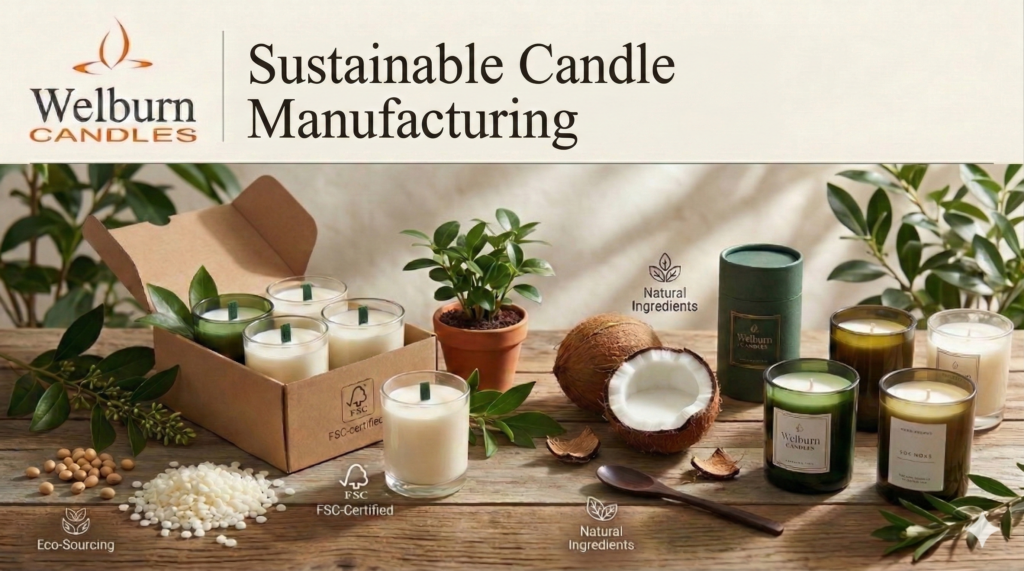 Sustainable candle manufacturers — eco-friendly soy wax candles in recycled glass vessels surrounded by fresh green leaves, raw soybeans, and FSC-certified kraft paper packaging at Welburn Candles