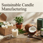Sustainable candle manufacturers — eco-friendly soy wax candles in recycled glass vessels surrounded by fresh green leaves, raw soybeans, and FSC-certified kraft paper packaging at Welburn Candles