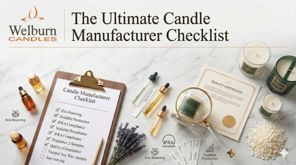 What to look for in a candle manufacturer — wooden clipboard checklist beside luxury glass jar candle samples, quality certificates, and fragrance test strips on a marble surface