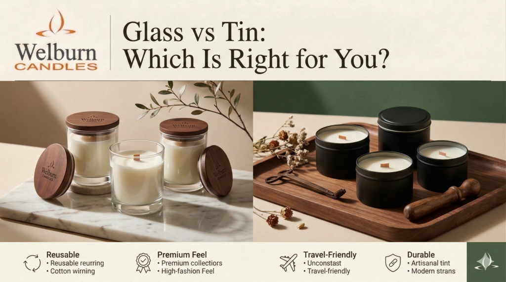Glass vs tin candle vessels comparison — premium clear glass jar candles with wooden lids beside matte black tin candle containers, styled on marble and wood surfaces by Welburn Candles
