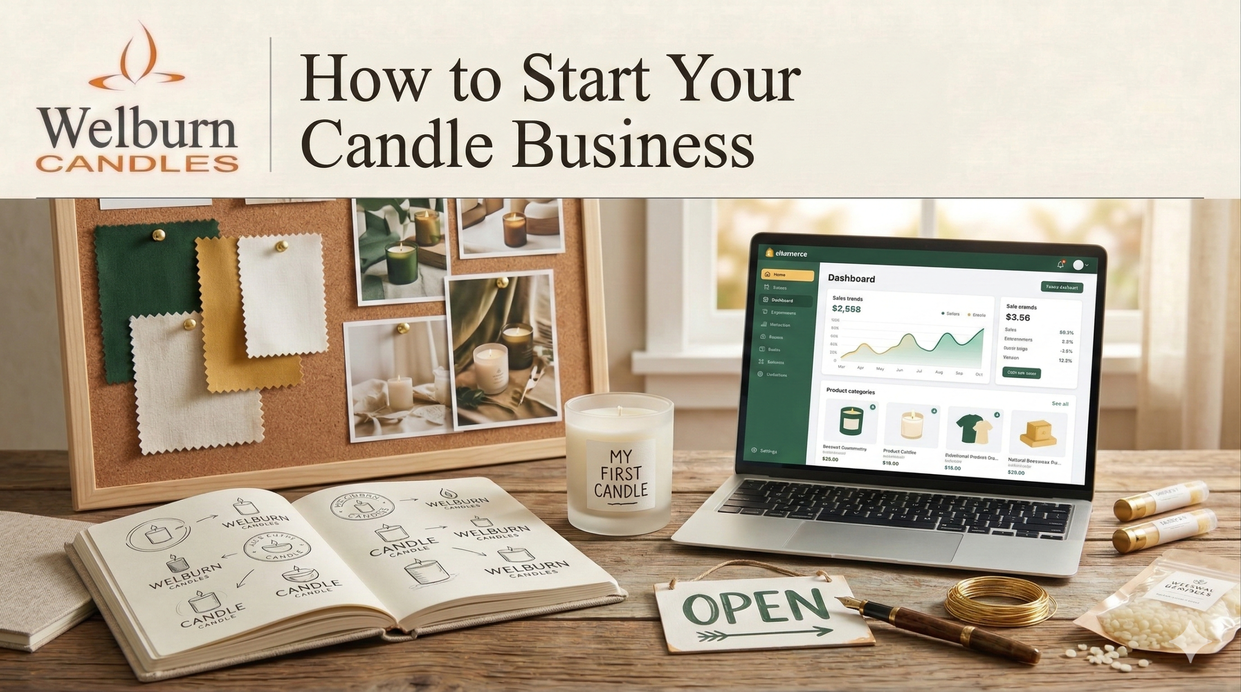 Here are all the WordPress image fields for the How to Start a Jar Candle Business blog banner: Alt Text: How to start a jar candle business — entrepreneur's desk with glass jar candle samples, handwritten brand logo sketches, colour swatches, an open notebook and laptop showing an e-commerce dashboard