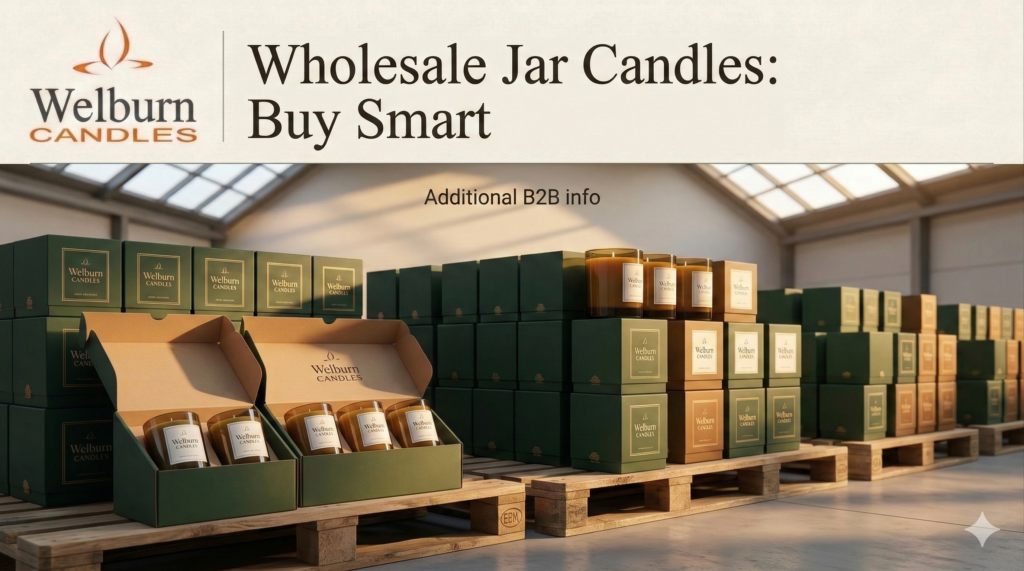 Wholesale jar candles — neat stacks of premium boxed glass jar candles on wooden pallets in a warehouse, with open sample boxes revealing beautifully finished branded candles ready for retail dispatch at Welburn Candles