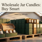 Wholesale jar candles — neat stacks of premium boxed glass jar candles on wooden pallets in a warehouse, with open sample boxes revealing beautifully finished branded candles ready for retail dispatch at Welburn Candles