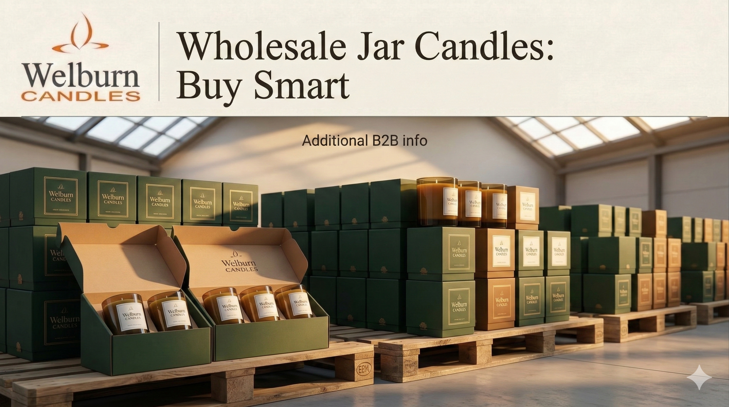 Wholesale jar candles — neat stacks of premium boxed glass jar candles on wooden pallets in a warehouse, with open sample boxes revealing beautifully finished branded candles ready for retail dispatch at Welburn Candles