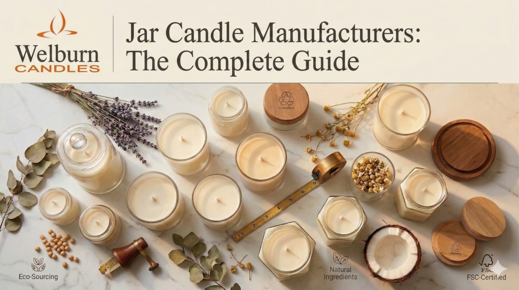 Jar candle manufacturers — assortment of premium glass jar candles in various sizes filled with soy wax, surrounded by dried botanicals and wooden lids at Welburn Candles
