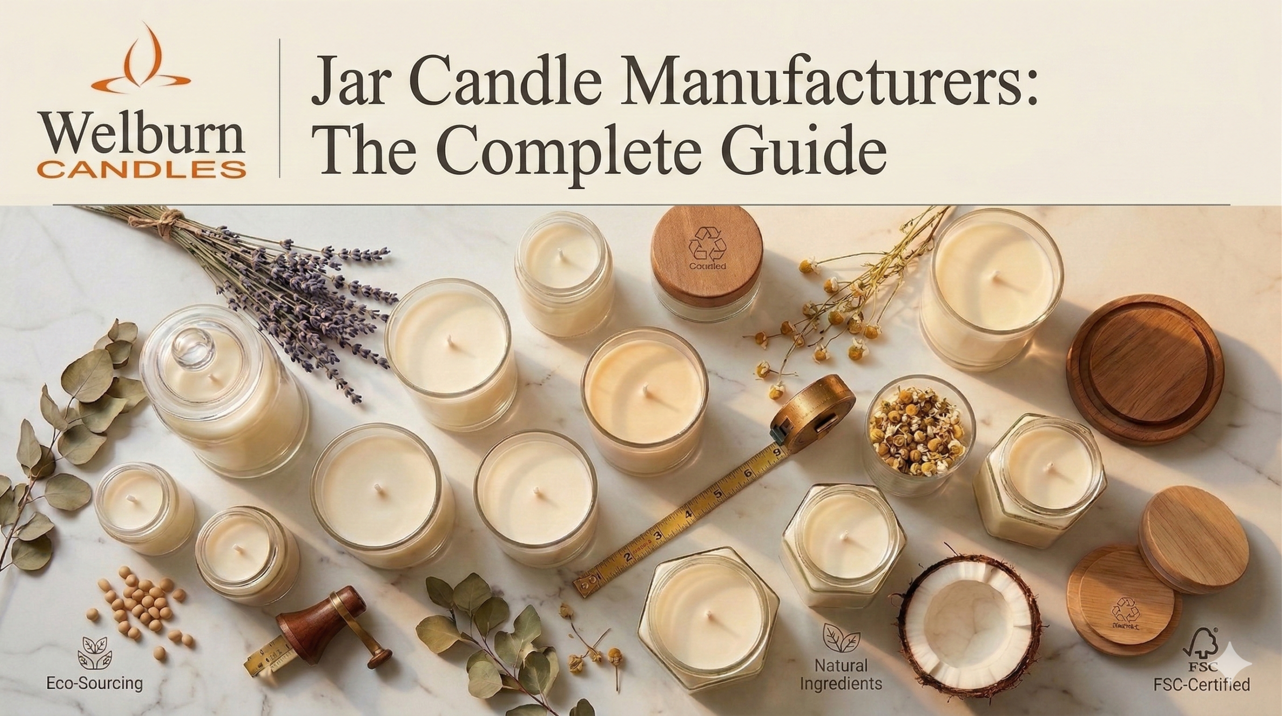 Jar candle manufacturers — assortment of premium glass jar candles in various sizes filled with soy wax, surrounded by dried botanicals and wooden lids at Welburn Candles