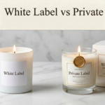 White label vs private label candles comparison — plain unbranded white jar candle beside a luxury custom-branded glass jar candle with gold wax seal and premium packaging by Welburn Candles