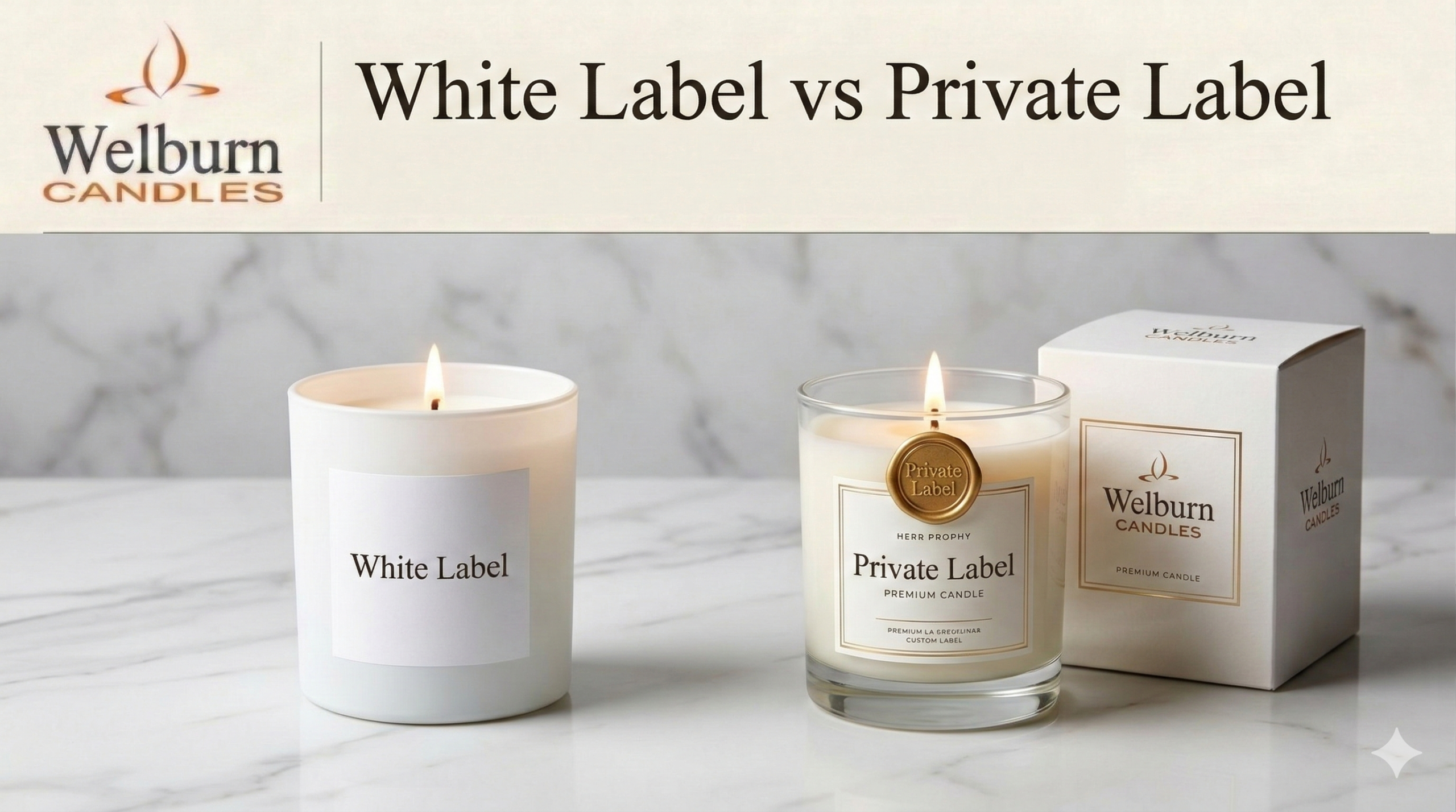 White label vs private label candles comparison — plain unbranded white jar candle beside a luxury custom-branded glass jar candle with gold wax seal and premium packaging by Welburn Candles