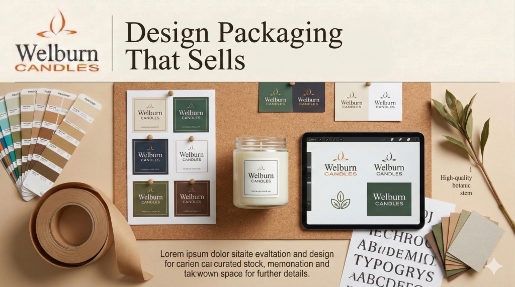 Private label candle packaging design — Pantone colour swatches, printed label proofs, a branded glass jar candle mock-up, typography samples and a design tablet showing logo concepts for Welburn Candles private label manufacturing