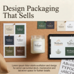 Private label candle packaging design — Pantone colour swatches, printed label proofs, a branded glass jar candle mock-up, typography samples and a design tablet showing logo concepts for Welburn Candles private label manufacturing