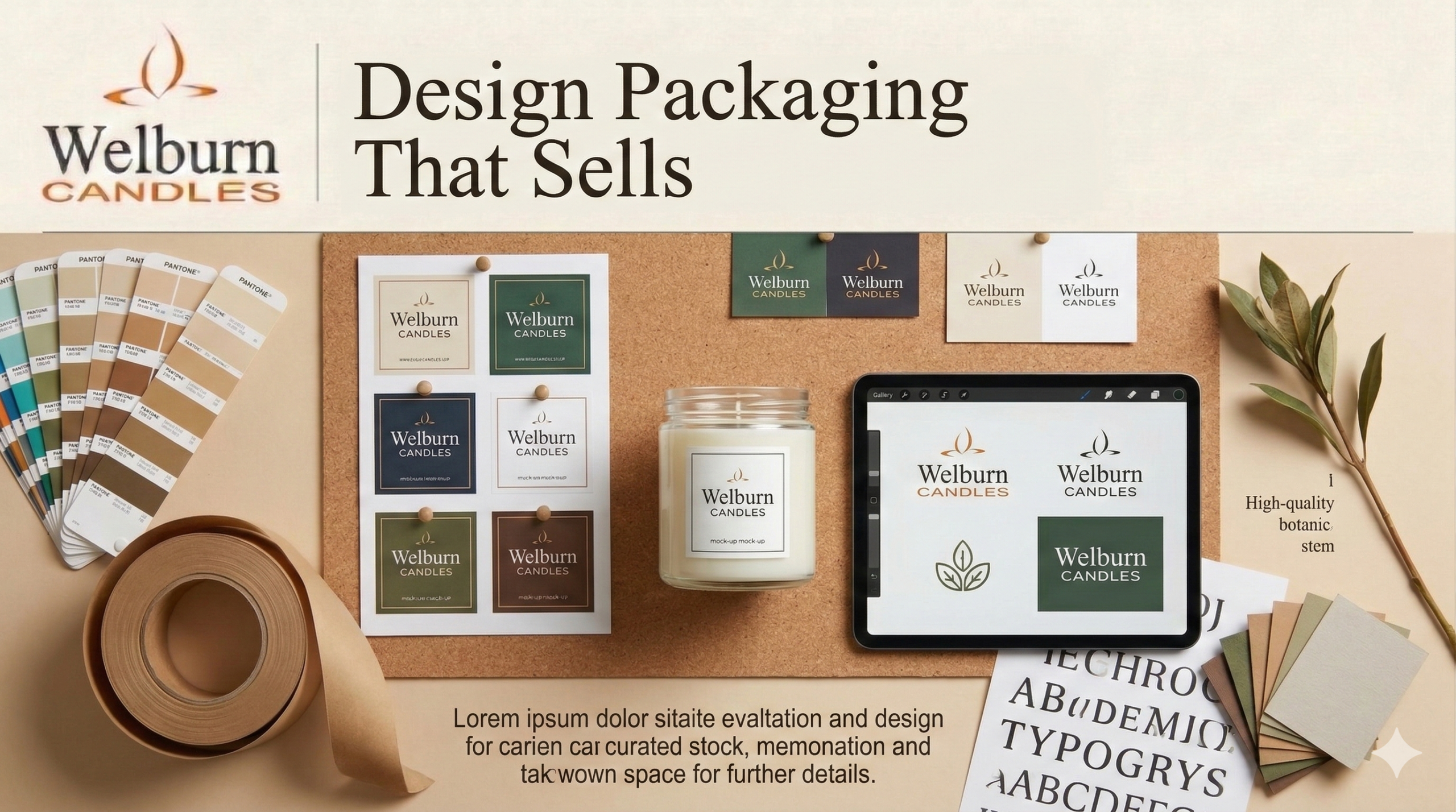 Private label candle packaging design — Pantone colour swatches, printed label proofs, a branded glass jar candle mock-up, typography samples and a design tablet showing logo concepts for Welburn Candles private label manufacturing