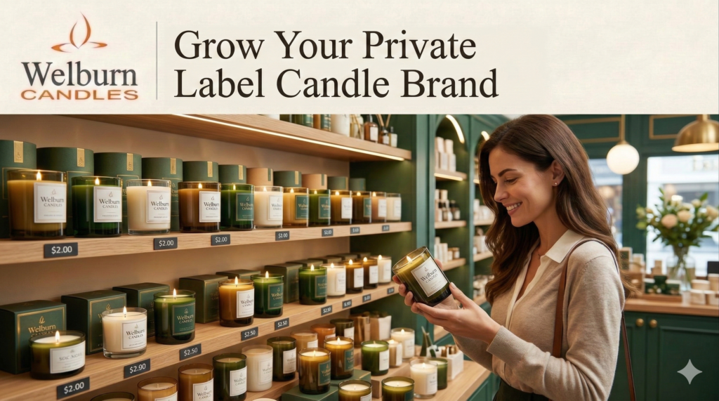 How to sell private label candles — beautifully merchandised branded candle display in a premium boutique gift shop with Welburn Candles private label products on wooden retail shelves