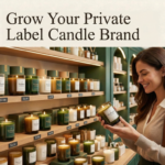 How to sell private label candles — beautifully merchandised branded candle display in a premium boutique gift shop with Welburn Candles private label products on wooden retail shelves