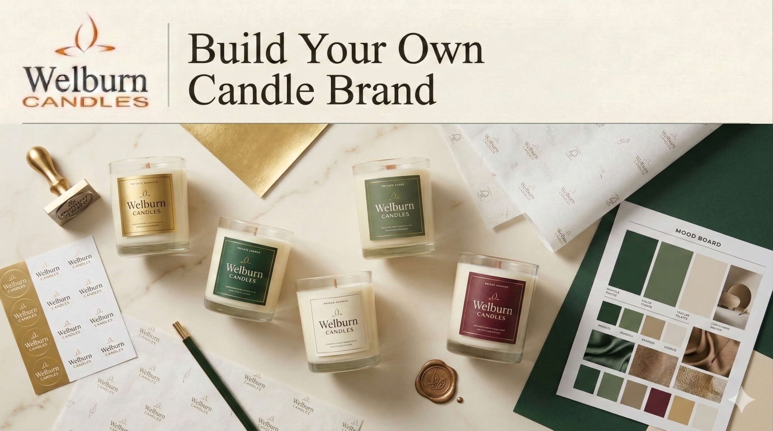 Private label candles manufacturer — luxury branded jar candles with custom labels, foil stickers, branded tissue paper and wax seal displayed on marble surface by Welburn Candles private label manufacturing service
