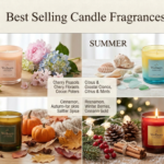 Best selling scented candle fragrances by season — four seasonal candle displays showing spring florals, summer citrus, autumn spices and winter festive arrangements by Welburn Candles