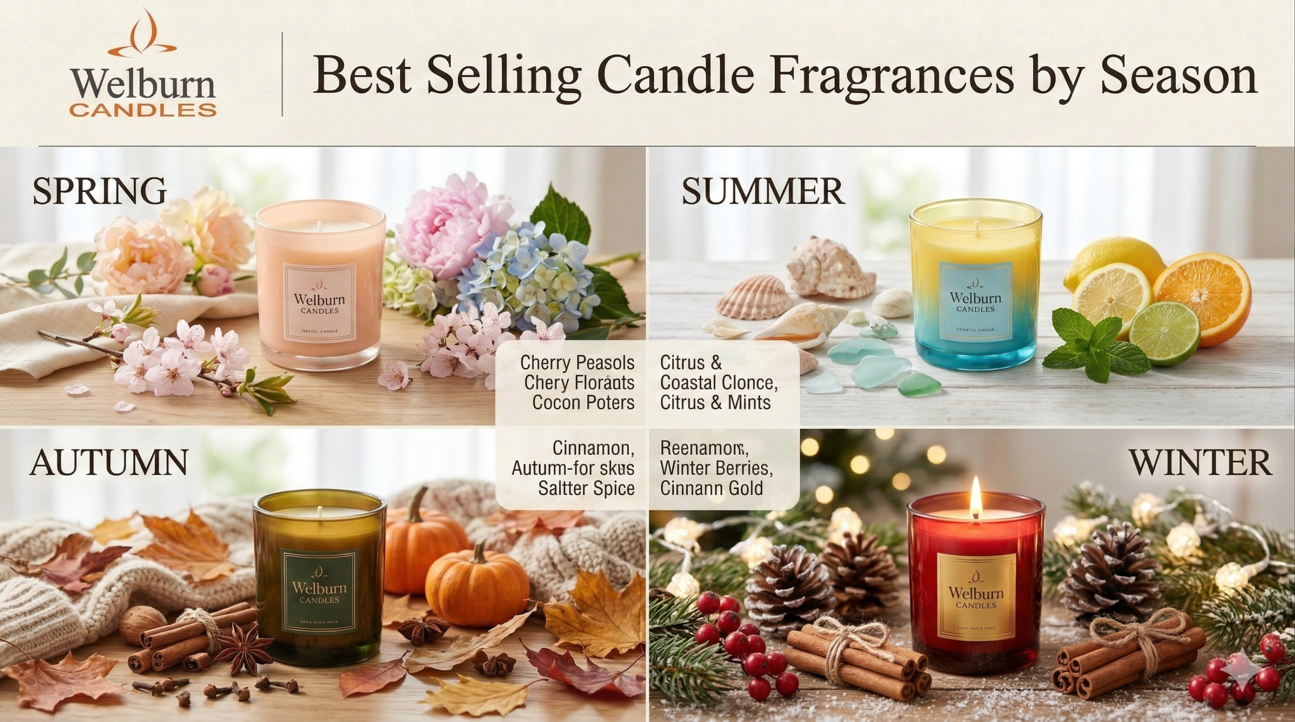 Best selling scented candle fragrances by season — four seasonal candle displays showing spring florals, summer citrus, autumn spices and winter festive arrangements by Welburn Candles
