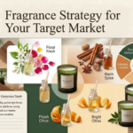 Candle fragrance brand strategy — fragrance sample bottles with scent associations, customer persona cards and beautifully branded scented candles matched to different target market segments by Welburn Candles