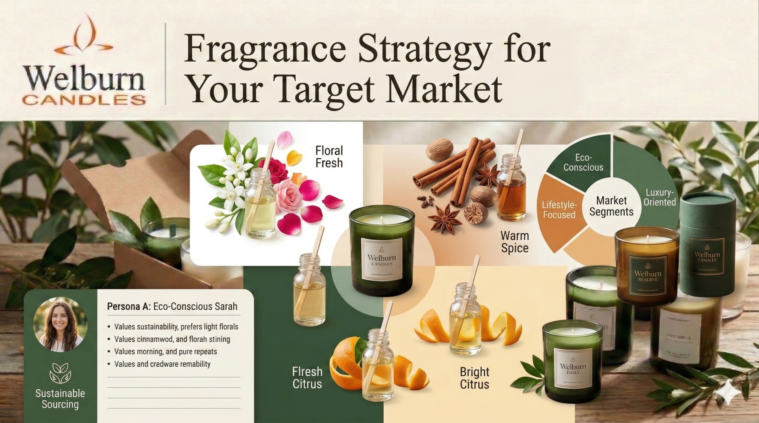 Candle fragrance brand strategy — fragrance sample bottles with scent associations, customer persona cards and beautifully branded scented candles matched to different target market segments by Welburn Candles