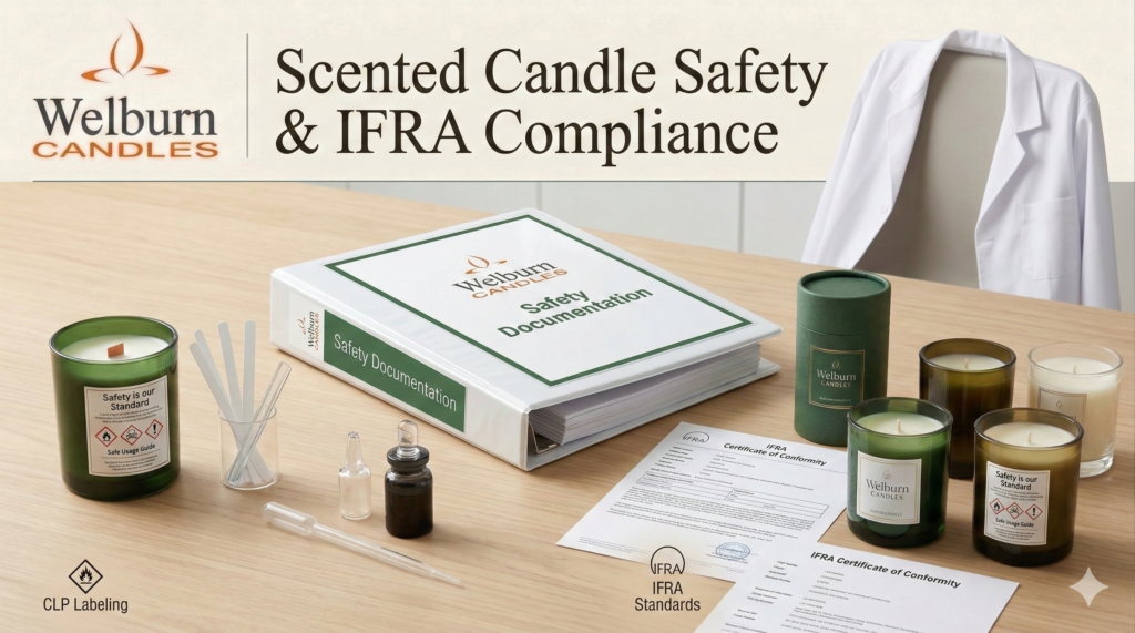 Scented candle safety compliance — IFRA certificates, CLP labelling documentation, fragrance testing equipment and premium scented candles beside a white lab coat at Welburn Candles manufacturing facility