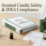 Scented candle safety compliance — IFRA certificates, CLP labelling documentation, fragrance testing equipment and premium scented candles beside a white lab coat at Welburn Candles manufacturing facility