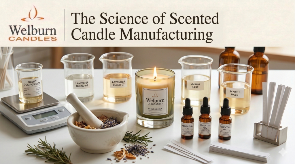 Scented candle manufacturers — fragrance laboratory scene with essential oil dropper bottles, glass beakers of fragrance oil, dried botanicals and a burning scented candle in an elegant glass vessel at Welburn Candles