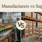 Candle manufacturers vs candle suppliers — split scene showing a modern candle manufacturing floor with pouring equipment on the left and a wholesale warehouse with stacked boxed candles on the right