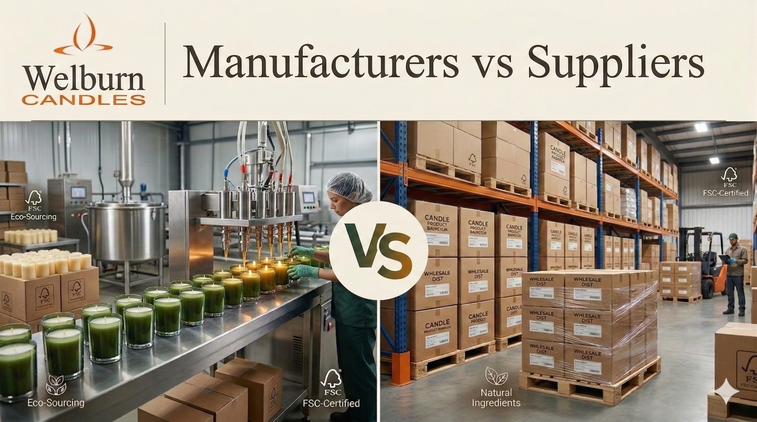 Candle manufacturers vs candle suppliers — split scene showing a modern candle manufacturing floor with pouring equipment on the left and a wholesale warehouse with stacked boxed candles on the right
