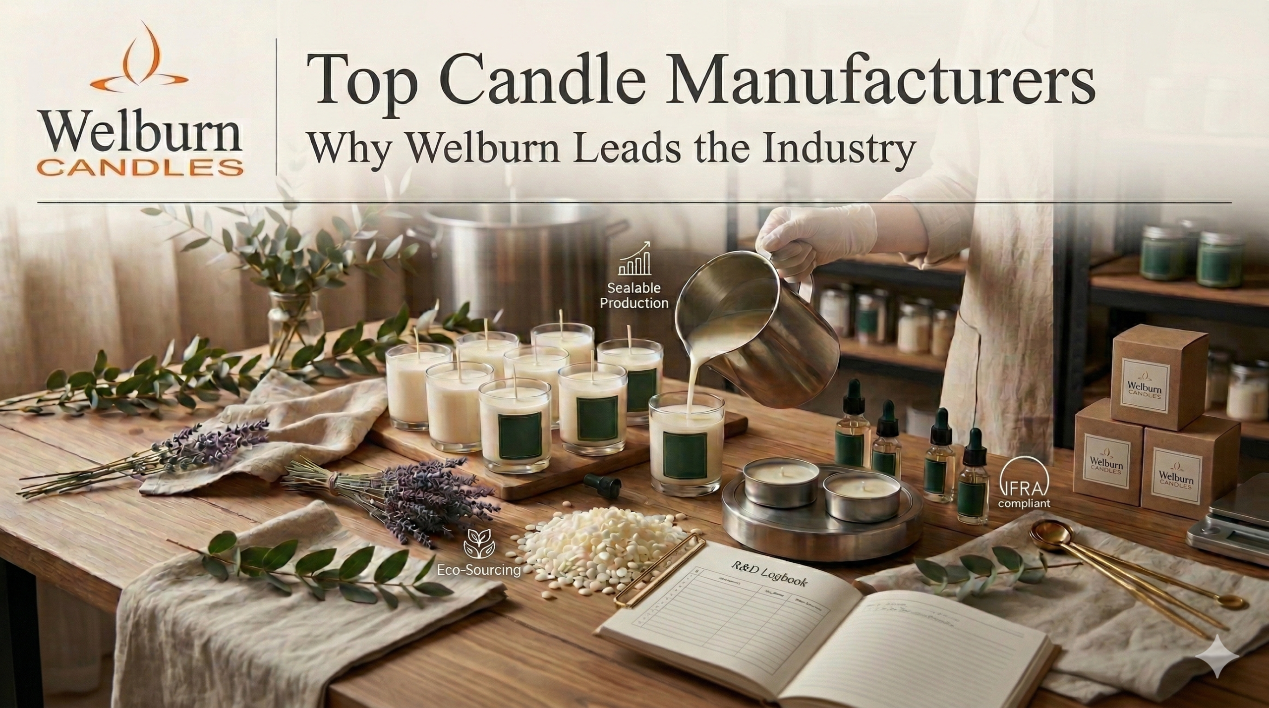 Top candle manufacturers — premium glass jar candles being hand-poured at Welburn Candles manufacturing facility with soy wax and natural ingredients