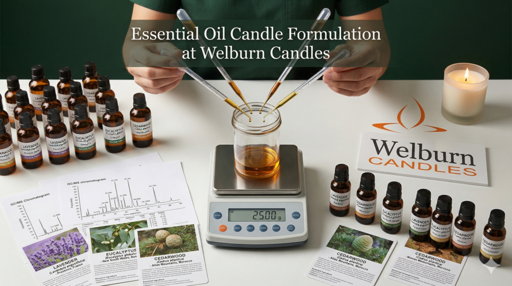 Essential oil candle formulation and therapeutic blend development at Welburn Candles aromatherapy manufacturing