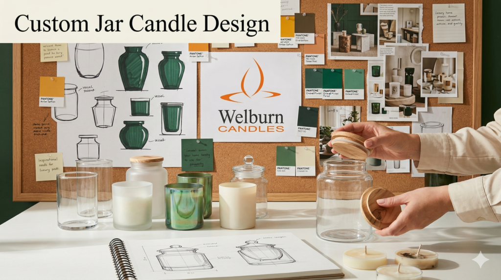 Custom jar candle design consultation at Welburn Candles — vessel options, lid styles, and branding development