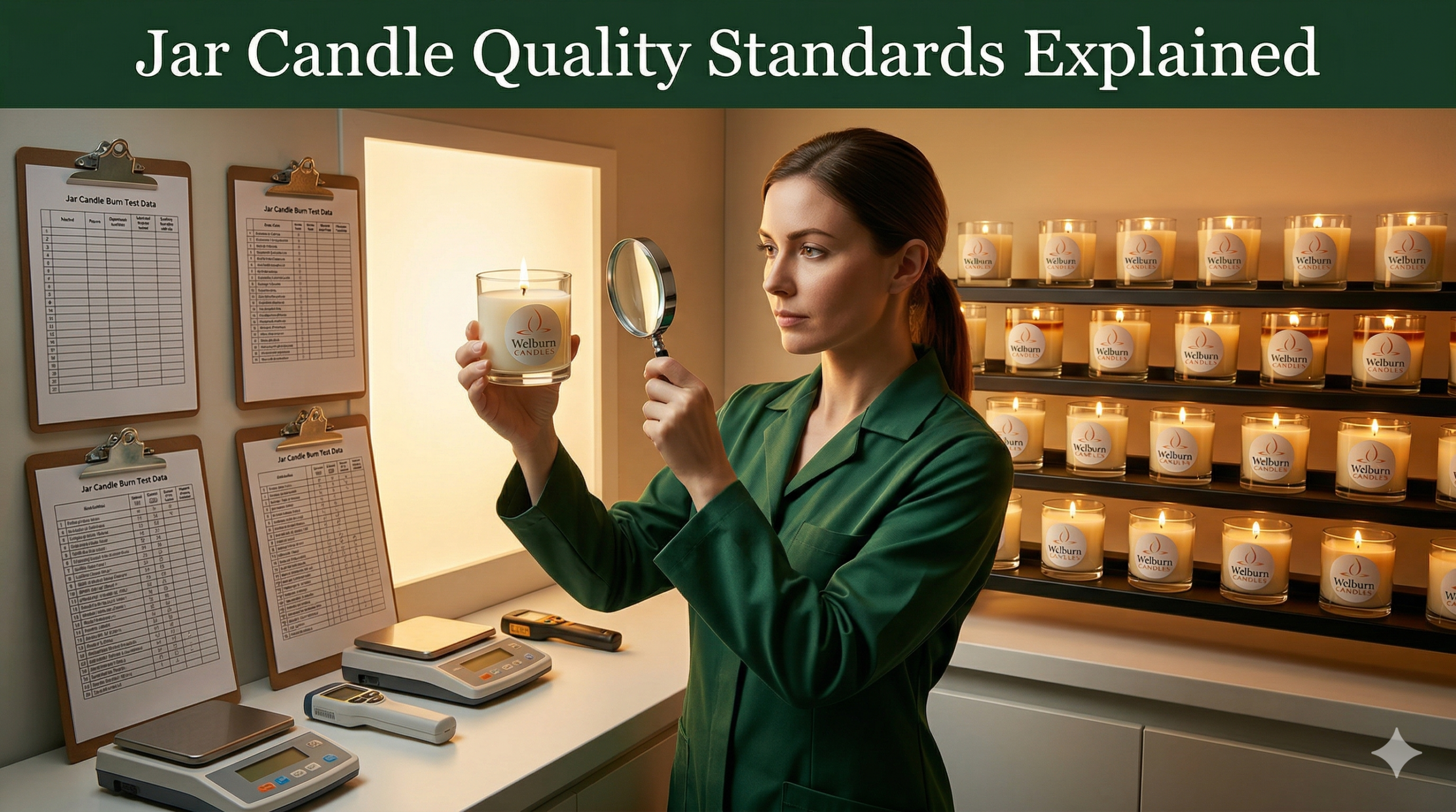 Jar candle quality testing and burn performance standards at Welburn Candles manufacturing facility