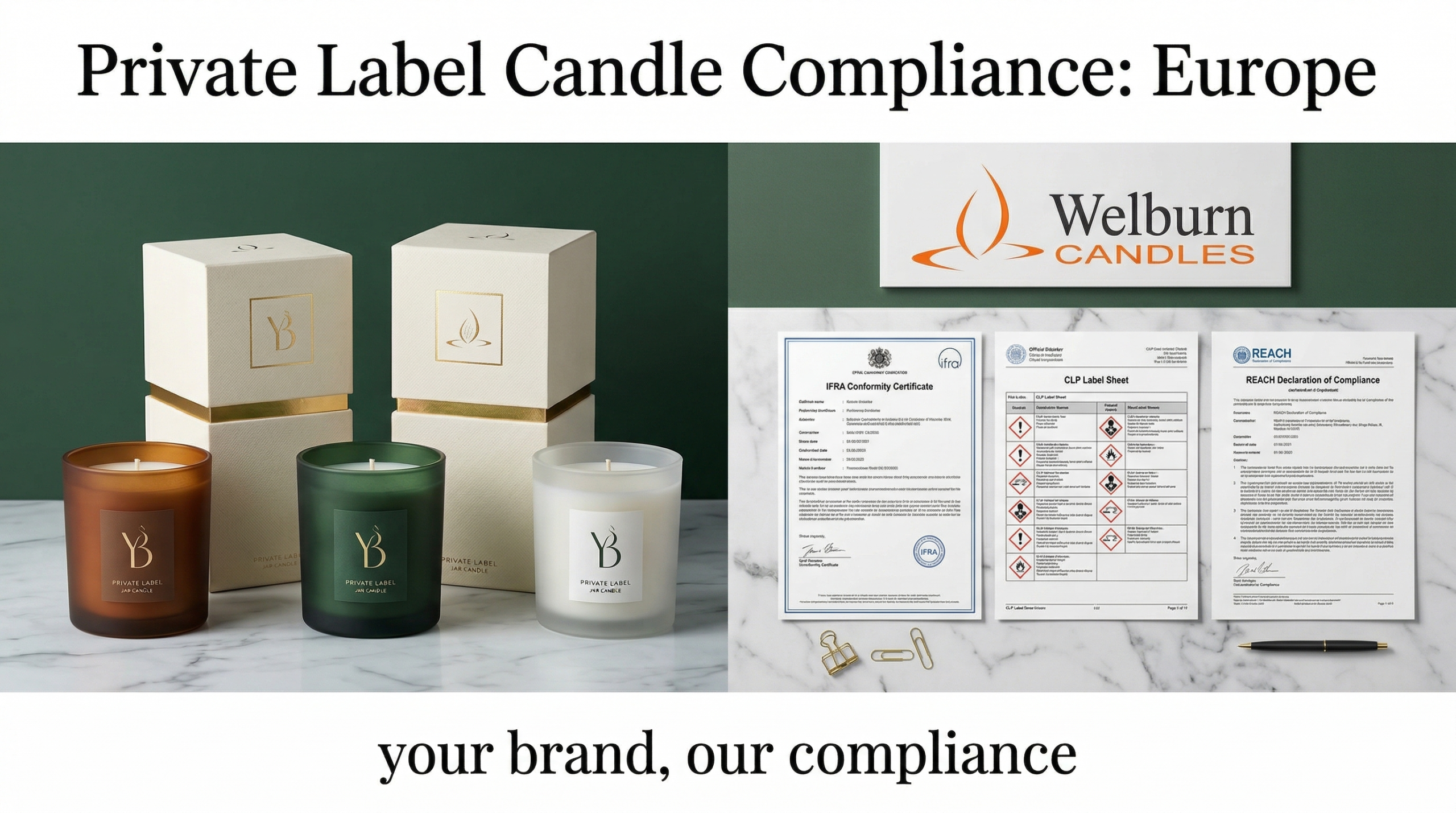 Private label candle compliance documentation for European markets — IFRA, CLP, and REACH certificates from Welburn Candles