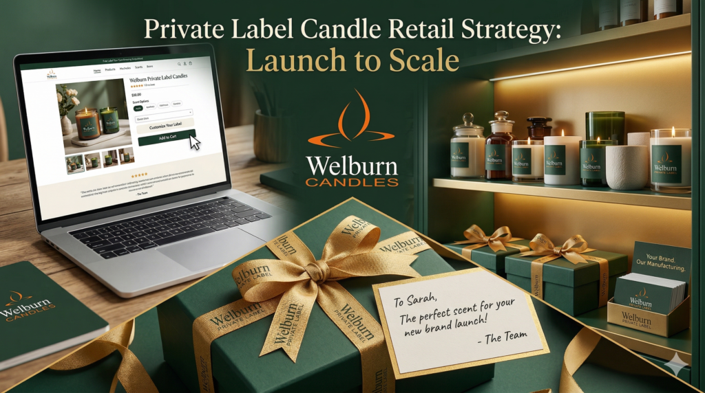 Private label candle retail strategy — e-commerce, boutique retail, and gifting channels for Welburn Candles brand partners