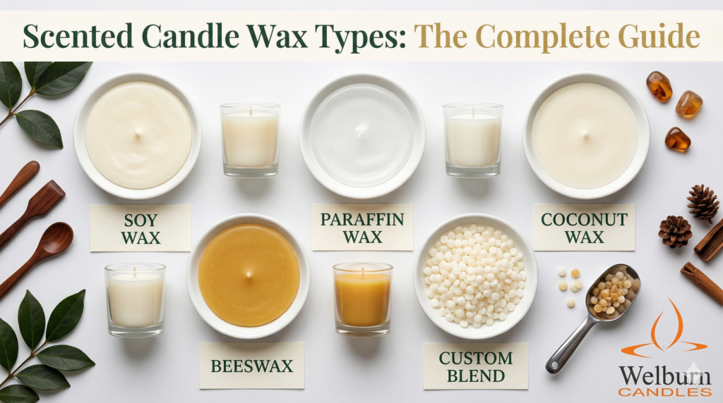 Scented candle wax types comparison — soy, paraffin, coconut, and beeswax guide from Welburn Candles manufacturers