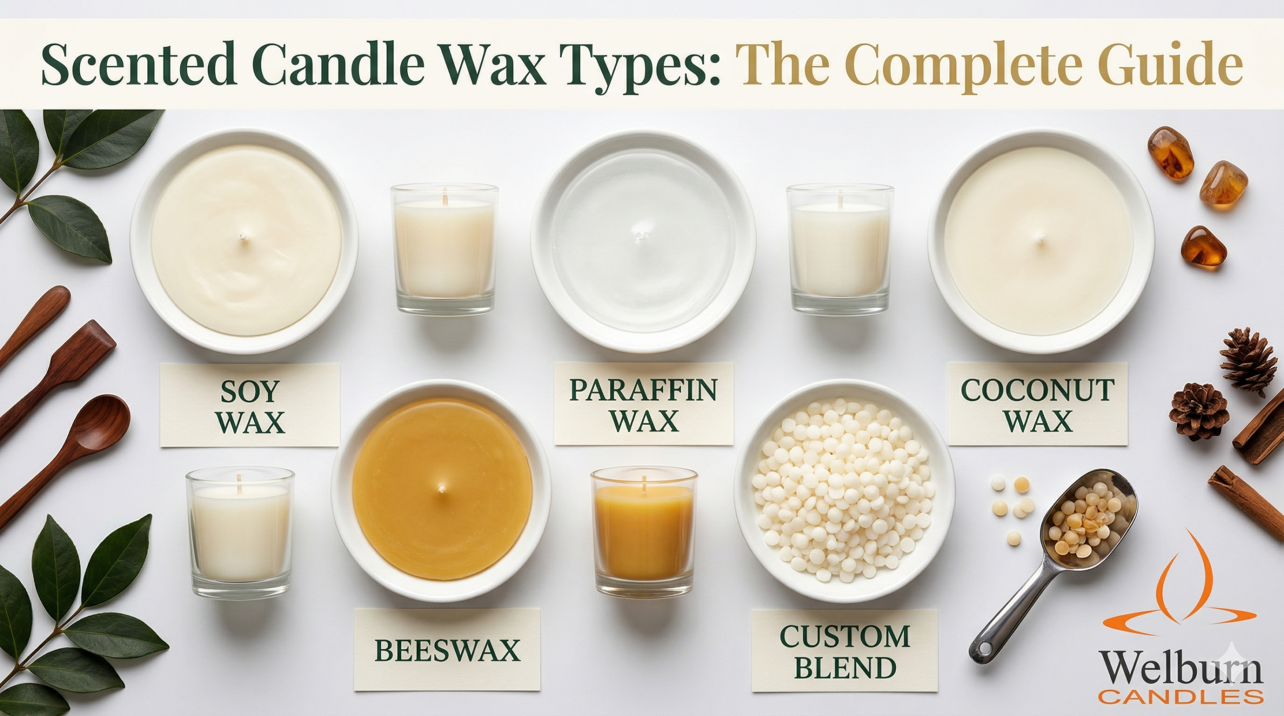 Scented candle wax types comparison — soy, paraffin, coconut, and beeswax guide from Welburn Candles manufacturers