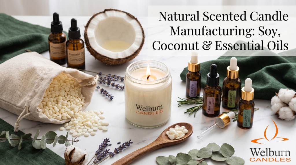 Natural scented candle manufacturing — soy wax, coconut wax, and essential oil formulations from Welburn Candles