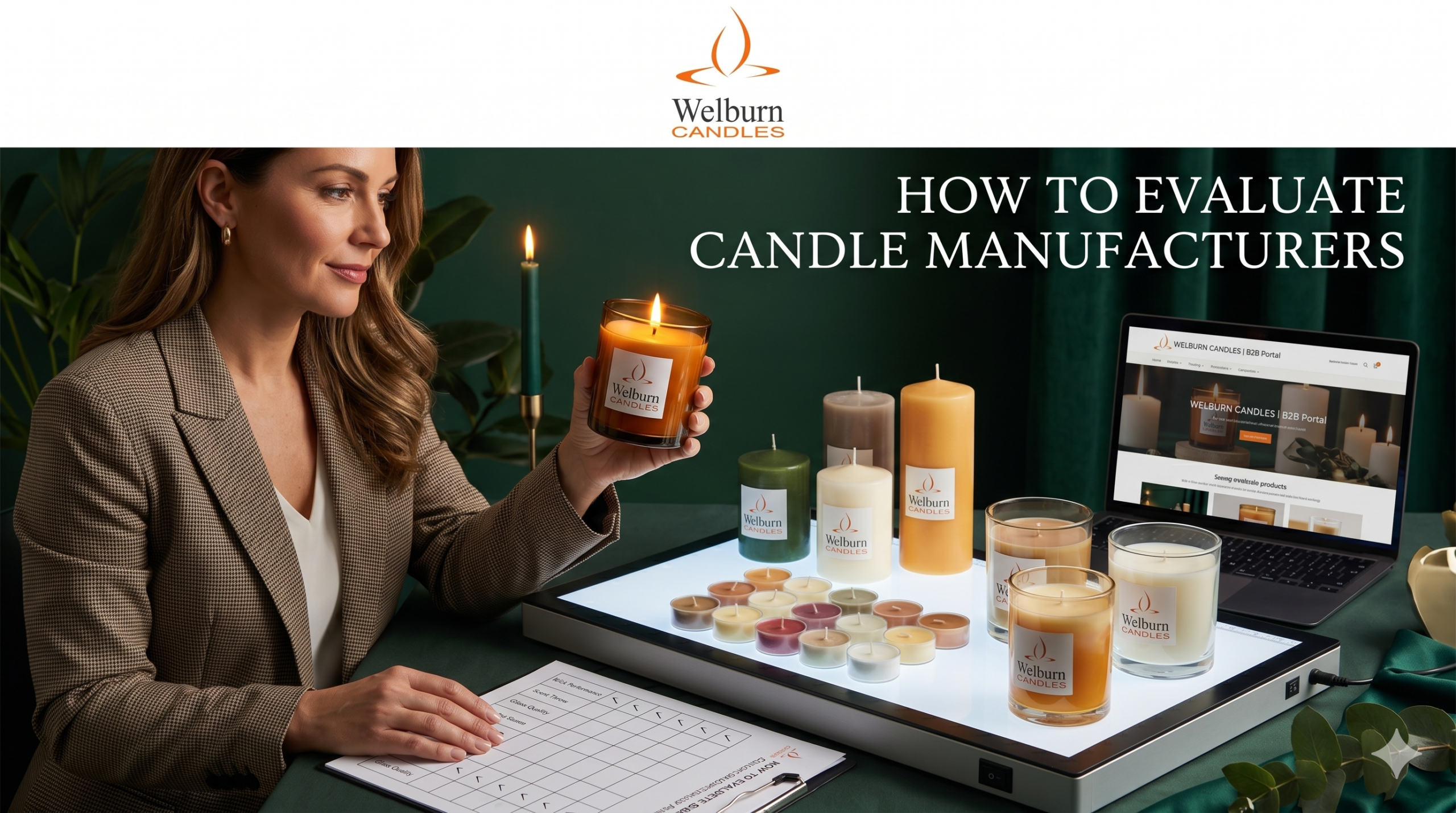 Candle manufacturer evaluation process — buyer reviewing candle samples and quality documentation from Welburn Candles India