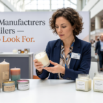 Candle manufacturers for US and EU retailers — trade show buyer inspecting candle samples — Welburn Candles India