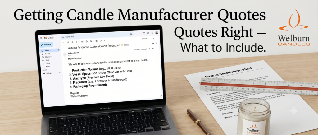 RFQ request for quote from candle manufacturers — buyer at desk with specification sheet and sample candles — Welburn Candles