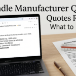 RFQ request for quote from candle manufacturers — buyer at desk with specification sheet and sample candles — Welburn Candles