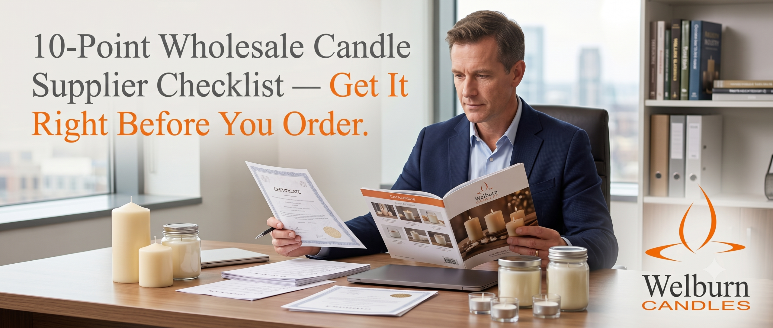 Candle wholesale supplier evaluation checklist — buyer reviewing certificates and sample candles — Welburn Candles
