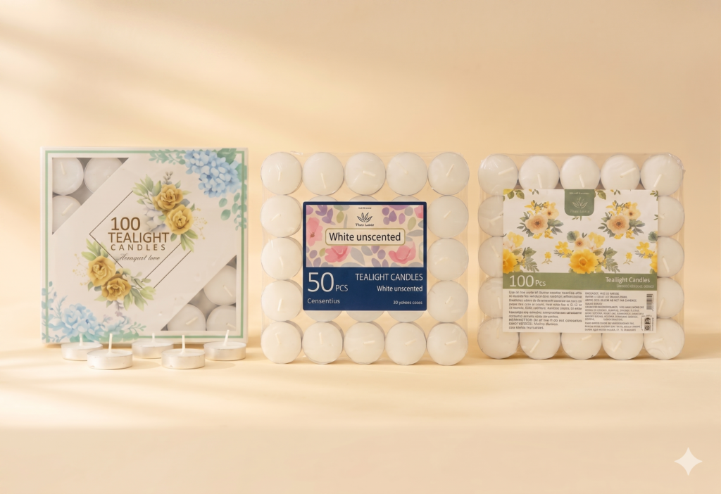 Premium tealight candles with custom packaging for wholesale and private label brands